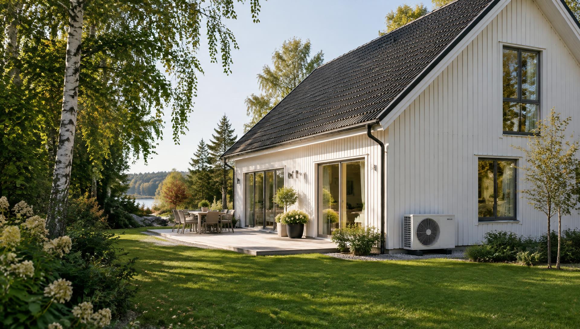 Ett svenskt hus med luftvärmepump – illustrativ miljöbild